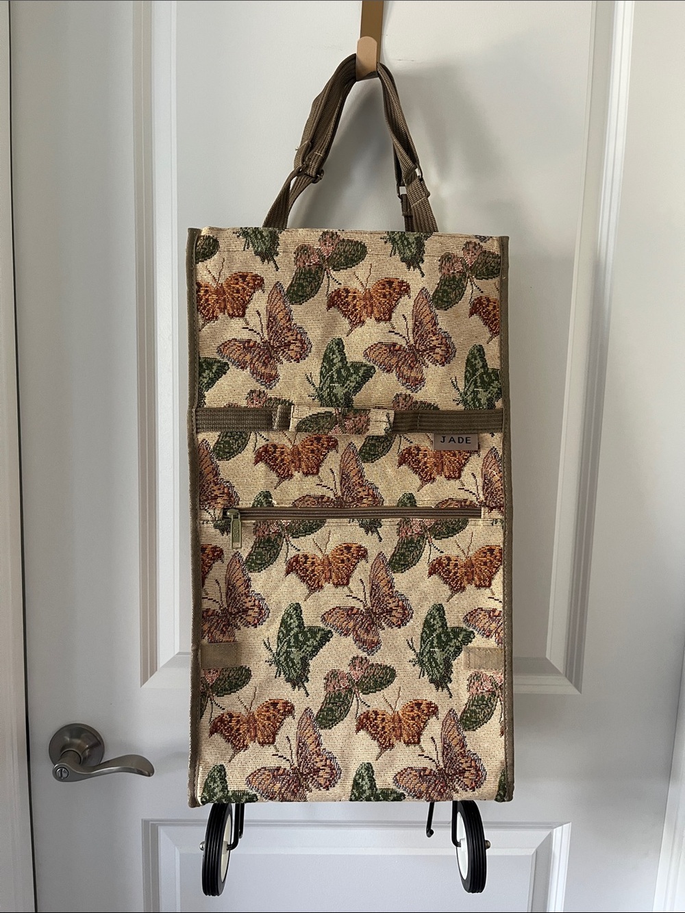 JADE VTG Beige Tapestry Butterfly Print Rolling Shopper Tote with Brown Accents